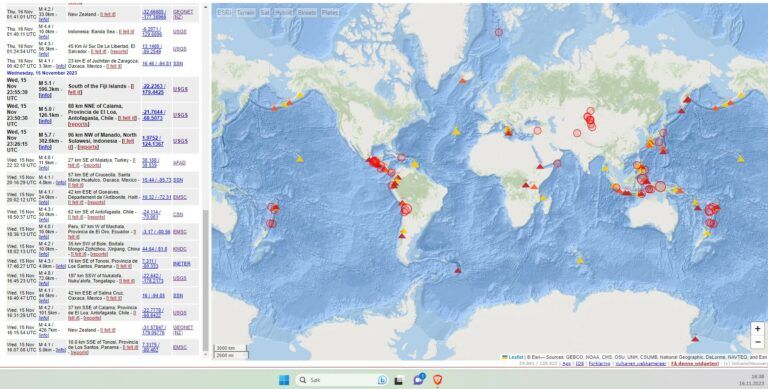 Oversikt over jordskjelv og vulkaner 16.11 2023