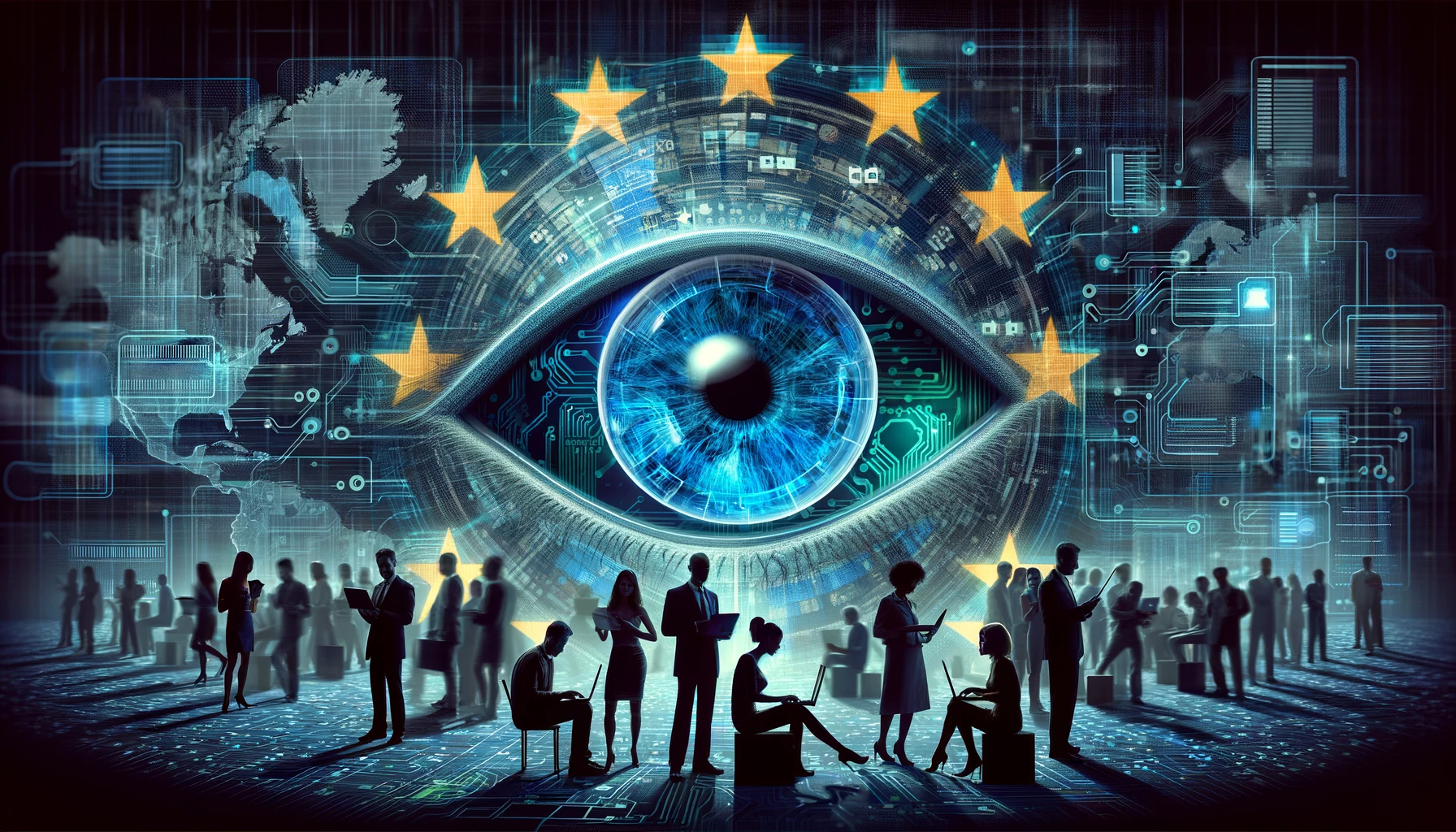 A digital collage illustrating the concept of internet surveillance and encryption in Europe.