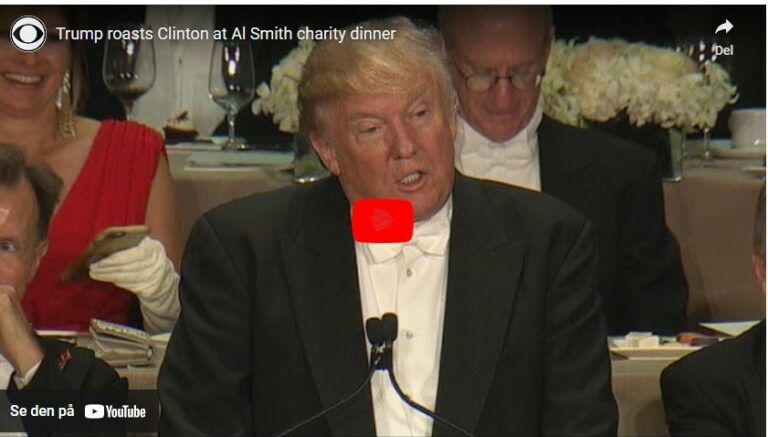 Trump roasts Clinton at Al Smith charity dinner.